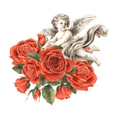 Bouquet of red scarlet velvet roses with green leaves and cupid-angel flying among them. Watercolor illustration for design of cards, invitations, banners for weddings, Valentine's Day, birthdays