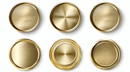 Set of gold coins and awards, blank badge or emblem with a golden round circle on a white background, vector illustration
