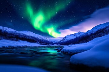 Naklejka premium Northern Lights Over Snow-Covered Mountains and River Under a Starry Night Sky