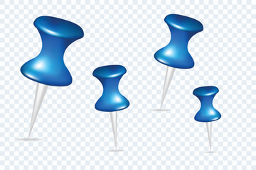 Pin set with shadow isolated on transparent background. Vector 3d blue plastic pushpins, sewing needles or board tacks for paper notice