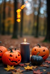 Halloween scene with candle, pumpkins. Decorated with autumn leaves. Festive fall decor. Warm glow from candle. Cozy autumn atmosphere. Perfect for home party. October holiday tradition. Family