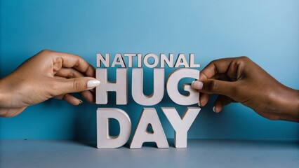 National hug day celebration with hands holding 3d letters on blue background with copy space