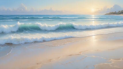 Obraz premium Serene sunrise over ocean waves gently breaking on a pristine sandy beach.