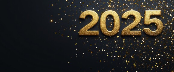 2025 Golden Numbers on Black Background with Glitter and Sparkle, Golden Dust Particles for Minimalistic New Year Concept, New Year's Card Template, Flat Lay Top View with Copy Space for Text