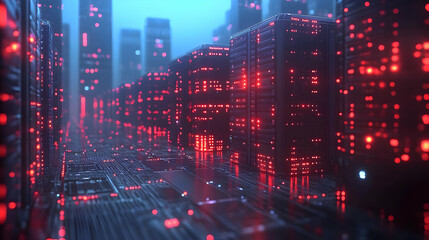 Naklejka premium Digital City: Servers Illuminate a Futuristic Datascape