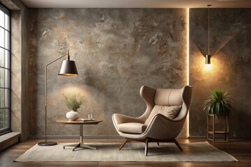 Modern Living Room Interior with Premium Beige Accent Chair and Gray Decorative Stucco Wall - Trendy Microcement Design for Office or Lounge Setting