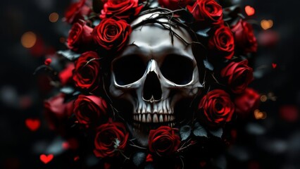 Bokeh Valentine's skull roses, a creepy floral dark art.