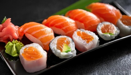 maki rolls, nigiri, and fresh fish like salmon and tuna, garnished with wasabi and avocado