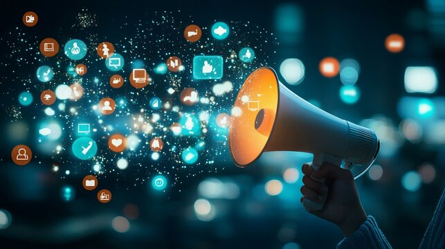 Hand holding a megaphone with social media icons radiating outwards in a night cityscape.