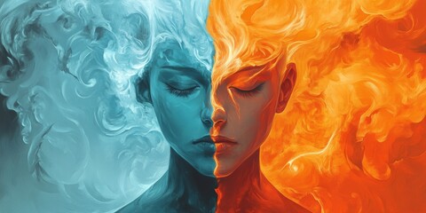Dualistic Portrait Ice and Fire Abstract Digital Art