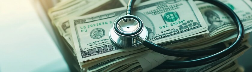 Digital Stethoscope Wrapped Around Pile of Dollar Bills Symbolizing Rising Healthcare Costs