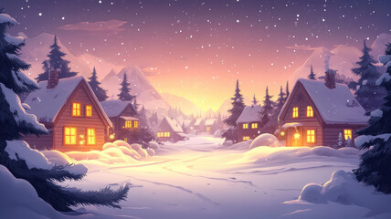 Fototapeta premium Cartoon winter scene with houses and christmas trees for text