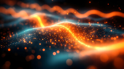 Fototapeta premium Glowing Particles Flow Across Dark Surface, Abstract Art