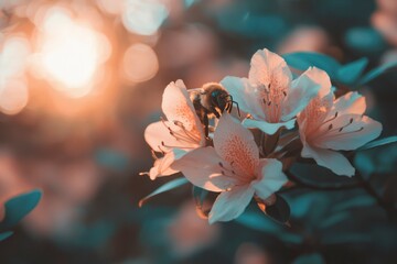 Bee on Pale Pink Azalea Blossoms at Sunset