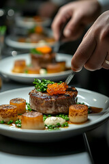 Gourmet Beef Filet with Scallops and Pea Puree - Realistic Food Photo