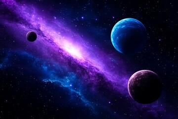 Obraz premium Stunning Galactic Scene with Planets and Vibrant Purple and Blue Nebula in Outer Space