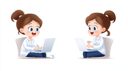 Female Cartoon Character Working on Computer with Smiling Expression