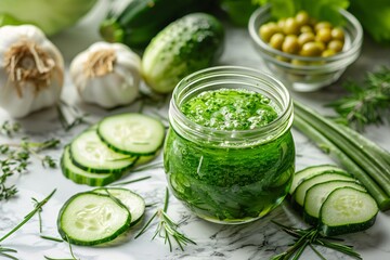 Chopped cucumbers, garlic, and green herbs are arranged around a jar of vibrant green salad dressing. Fresh ingredients create a colorful and healthy meal preparation