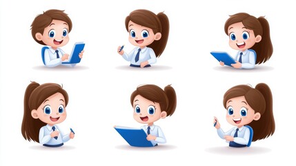 Cheerful Female Cartoon Character Engaged in Various Activities