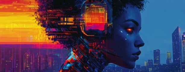 Futuristic Woman Cyberpunk Portrait Neon Cityscape Digital Art