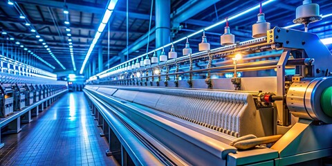 Fototapeta premium Night Photography of a Dual System Flat Knitting Machine with One Carriage in an Industrial Setting, Showcasing Intricate Details and Vibrant Lighting Effects