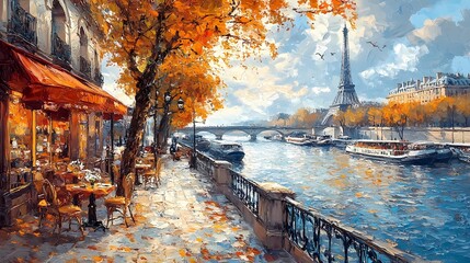 Autumn embankment of the Seine with a Eifel tower in the background. Impressionism art and travel concept. Oil painting for wallpaper, poster, banner  © Q-Zack