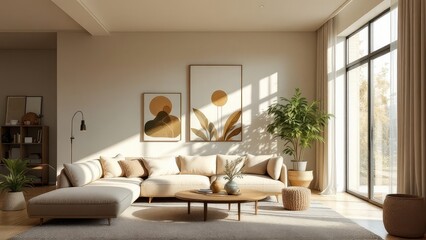 Fototapeta premium Contemporary Scandinavian living room design, featuring clean lines and natural elements.