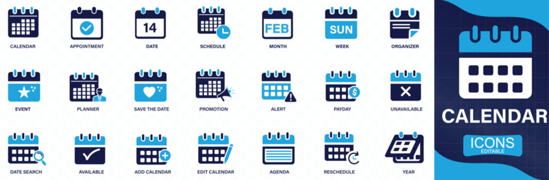 Calendar icon set date , schedule, month, week, appointment, agenda, organization You can easily change the color.