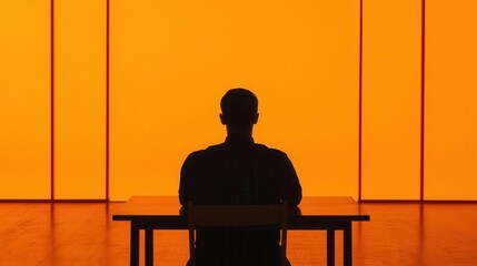Obraz premium A silhouette sitting at a table with many open doors in the background, reflecting on life s options