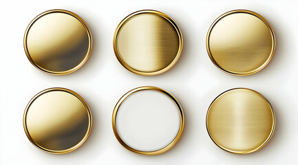 Set of gold coins and awards, blank badge or emblem with a golden round circle on a white background, vector illustration