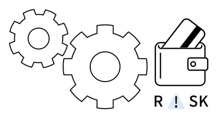 Obraz premium Two cogwheels next to wallet containing credit card and RISK with warning sign. Ideal for financial planning, risk management, cybersecurity, budgeting, fintech innovation, economic forecasting
