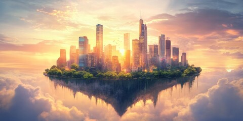Fototapeta premium Futuristic Floating City Sunrise Cloudscape Modern Metropolis Aerial View