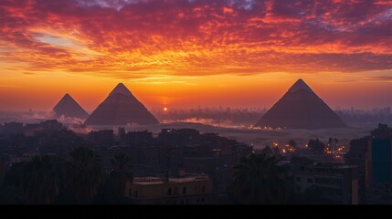 Stunning Giza Plateau sunset unveils iconic pyramids amid vibrant skies and Cairo's cityscape.