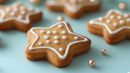Single gingerbread star cookie on light pastel blue background