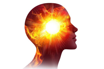 A silhouette of a human head with a fiery explosion at the forehead, symbolizing enlightenment and powerful thoughts.