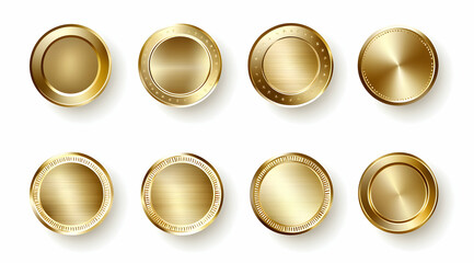 Set of golden round labels, badges, and medal icons isolated on a white background.