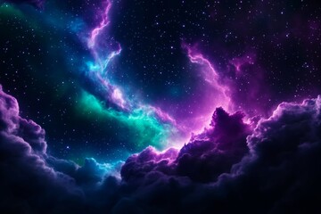 Fototapeta premium Majestic Purple and Green Nebula with Stars and Dark Clouds in Deep Space