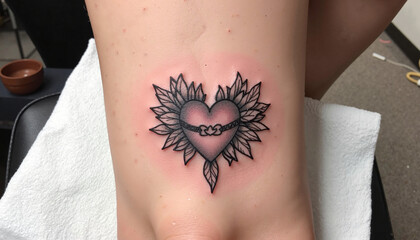 Heart tattoo design with floral elements, romantic symbolism, body art