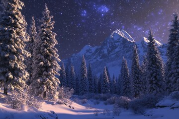 Snowy forest and starry sky in the mountains
