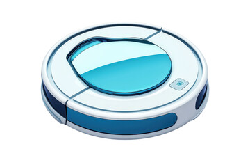 A round robotic vacuum cleaner featuring a sleek design with a blue and white color scheme.