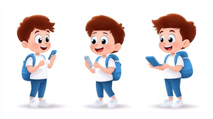 Fototapeta premium Happy Cartoon Character with Smartphone in Vector Style Illustration