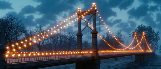 Fototapeta premium Wireframe city bridges illuminated with festive light shows, A stunning bridge adorned with glowing lights, illuminating the night sky, reflecting on the water, creating a magical evening scene.