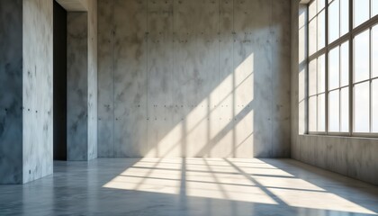 Empty modern interior room with concrete walls, daylight. Sunlight casts shadows on floor. Minimalist design. Urban style. Great for architecture industrial design projects. Contemporary space.