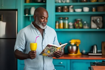 
Portrait photo of a middle-aged man, African descent, holding a smoothie in one hand while reading a recipe book in a vibrant kitchen, The Male Consumer