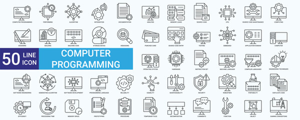 Computer Programing icon set with performing, cpu, computing, integration, testing, analysis, generating, algorithms, hardware and  debugging
