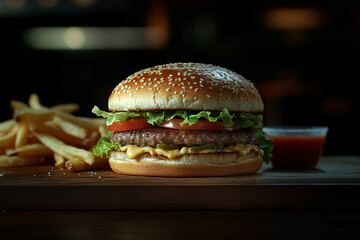yummy burger with grilled meat topped with vegetables tomatoes ketchup sliced onions cheese fresh lettuce and soft buns placed on board with fries