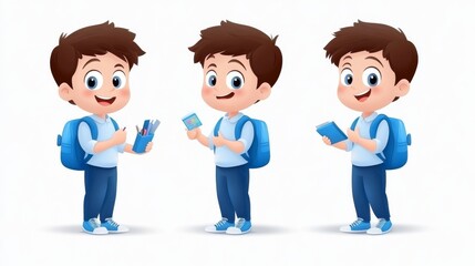 Fototapeta premium Cheerful Cartoon Boy Engaging in Fun Activities with School Items