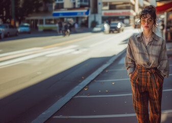 Stylish woman in plaid outfit with sunglasses walking along an urban street in warm afternoon light.
