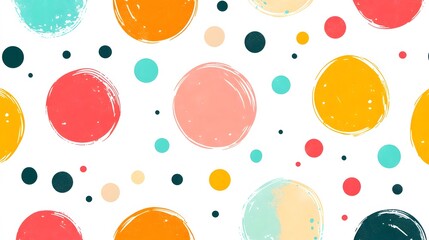 Dynamic polka dot pattern featuring vibrant circles in pink, yellow, turquoise, and orange, arranged in retro pop art style against white background with modern geometric composition.