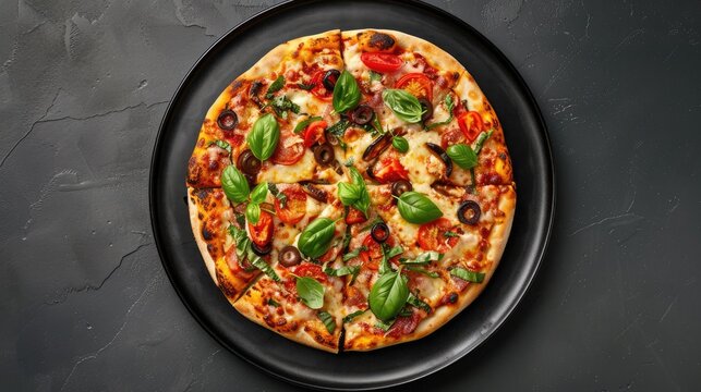 Top view of a tasty pizza on a black plate.